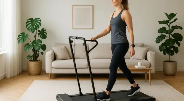 Kvinna går på löpband hemma, ett perfekt sätt att gå ner i vikt med promenader schema.
