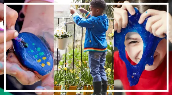 Barn målar stenar, vattnar blommor och leker med slime. Massor av roliga aktiviteter för barn!