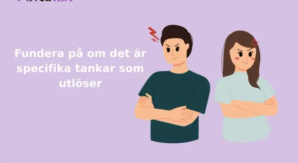 Två arga personer med armarna i kors. Texten uppmanar till att fundera på tankar som utlöser ilska i relationer.