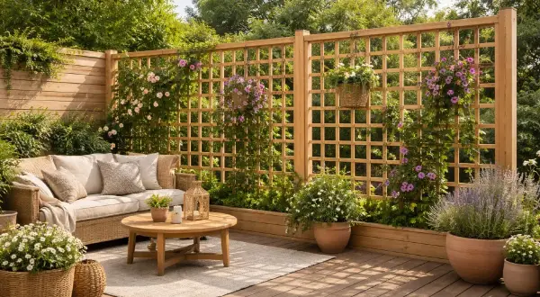 En inbjudande uteplats med bekväm soffa, runt träbord och blommor. Träaltanen ser nybehandlad ut, perfekt för att måla altangolv.