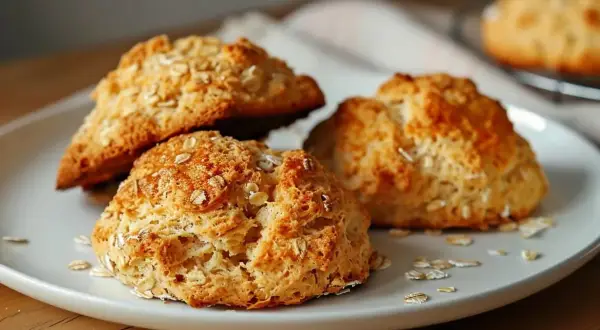 Gyllene, fluffiga scones med havregryn, redo att avnjutas. Ett perfekt scones recept för fikat.