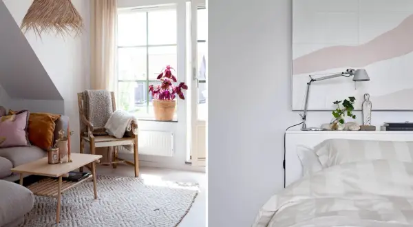 Mysigt litet sovrum inspiration med en bekväm soffa, ett träbord och en stol med plädar. På andra sidan syns en säng med randigt påslakan.