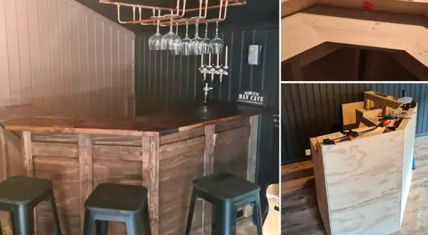 Här visas processen att bygga bar. En färdigbyggd bar med glas och kranar, samt bilder på hur man bygger en bar i trä.