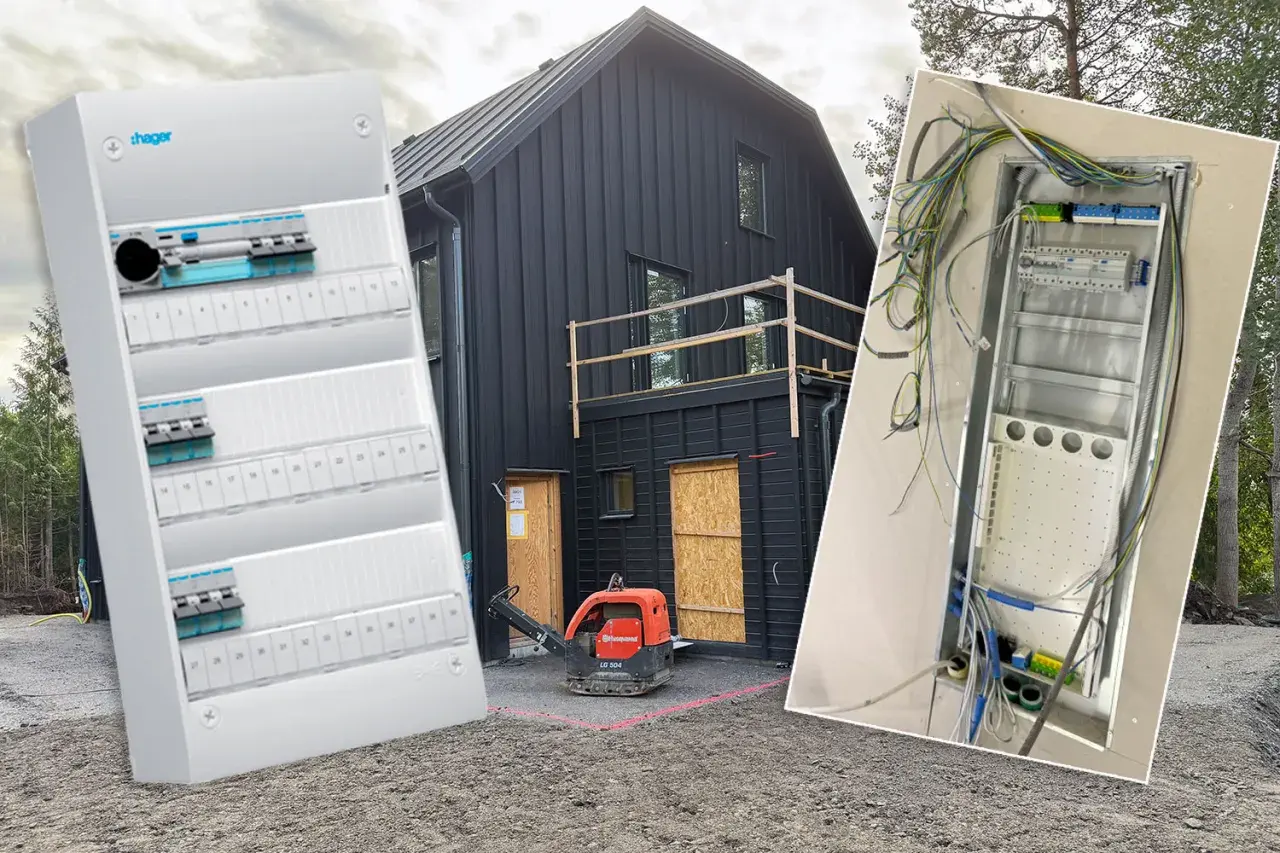 Elcentralen är redo att bygga in i det mörka huset. Kablar och säkringar väntar på sin plats.