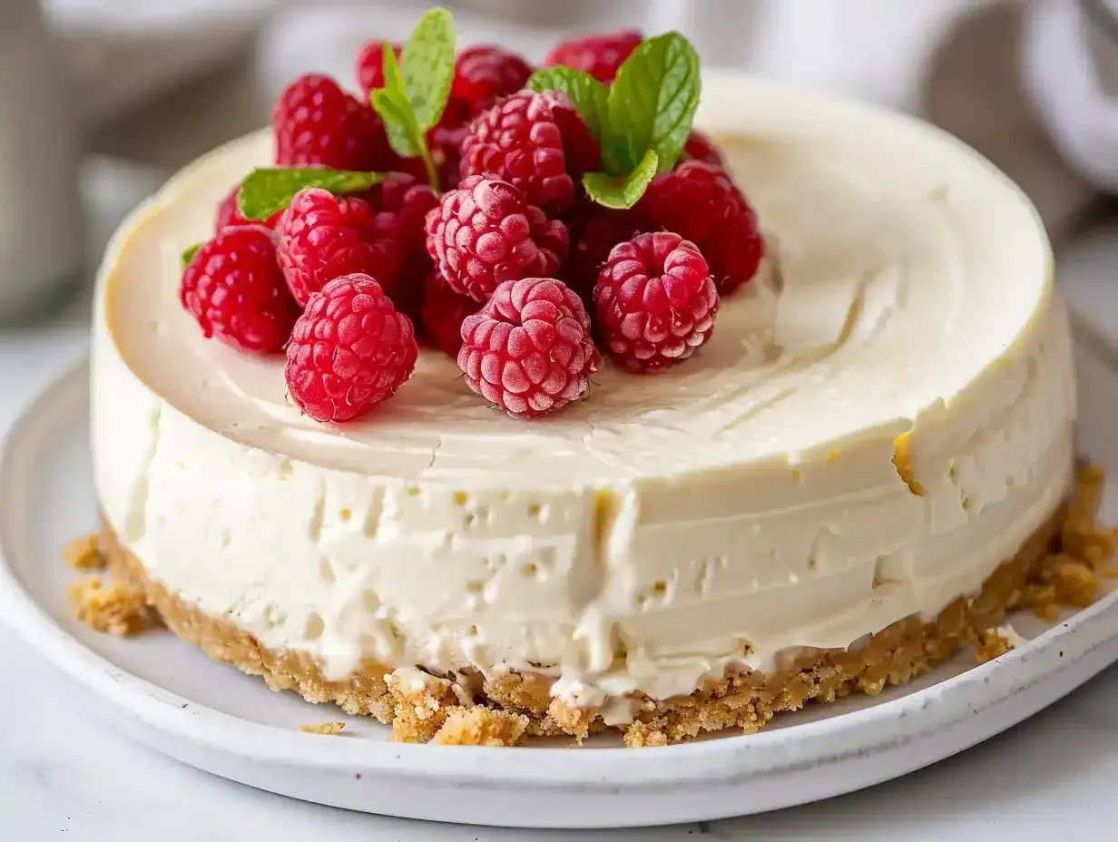 En krämig, frozen cheesecake toppad med färska hallon och myntablad. Perfekt för en somrig fika.