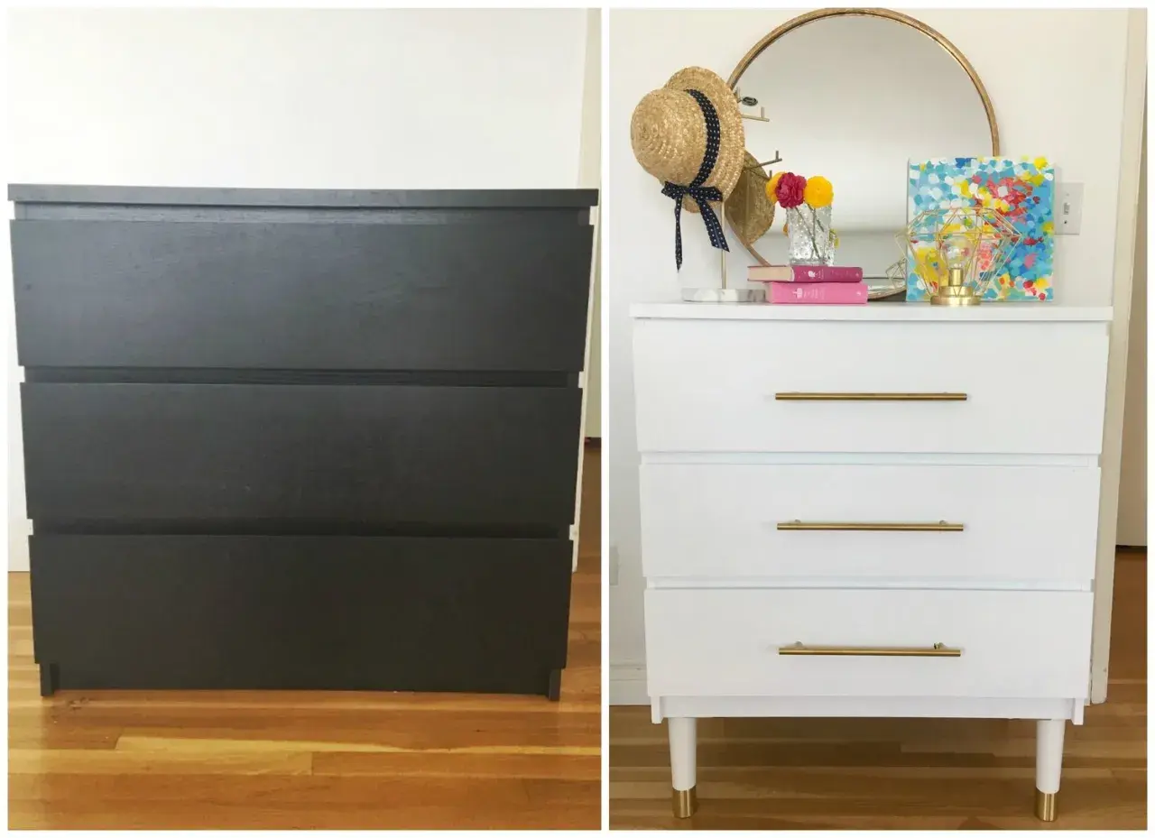 Före- och efterbild på en malm byrå makeover. Mörkgrå byrå förvandlad till vit med guldfärgade handtag och ben.