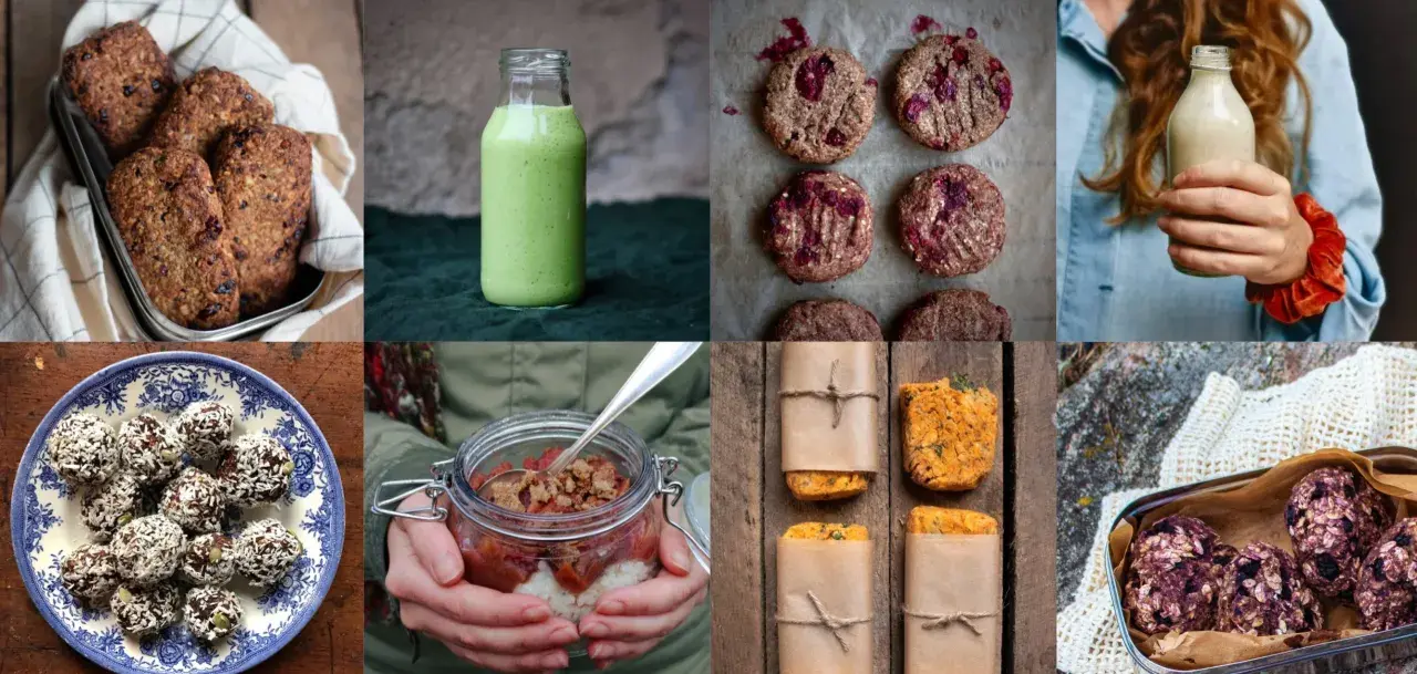 En samling av läckra lchf snacks: energibollar, kakor, smoothies och mer. Perfekt för den som vill ha något gott och mättande.