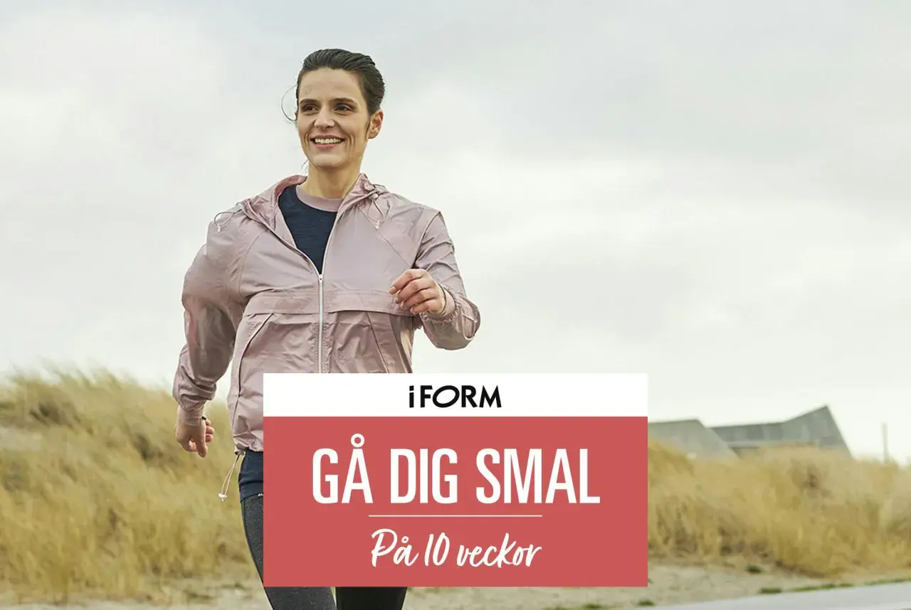 En kvinna promenerar sig i form längs en strand. Texten "Gå dig smal på 10 veckor" syns.
