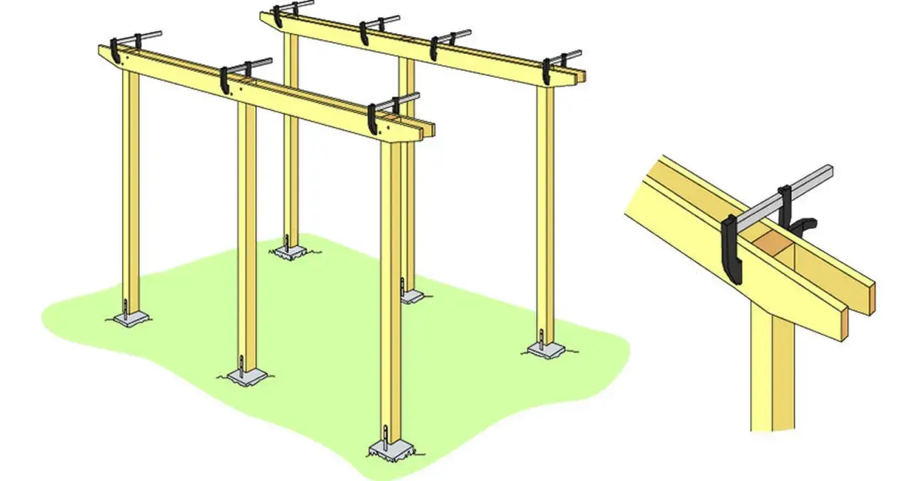 Illustration visar hur man kan bygga pergola med tak. Trästolpar fästs i marken och horisontella bjälkar monteras med tvingar.