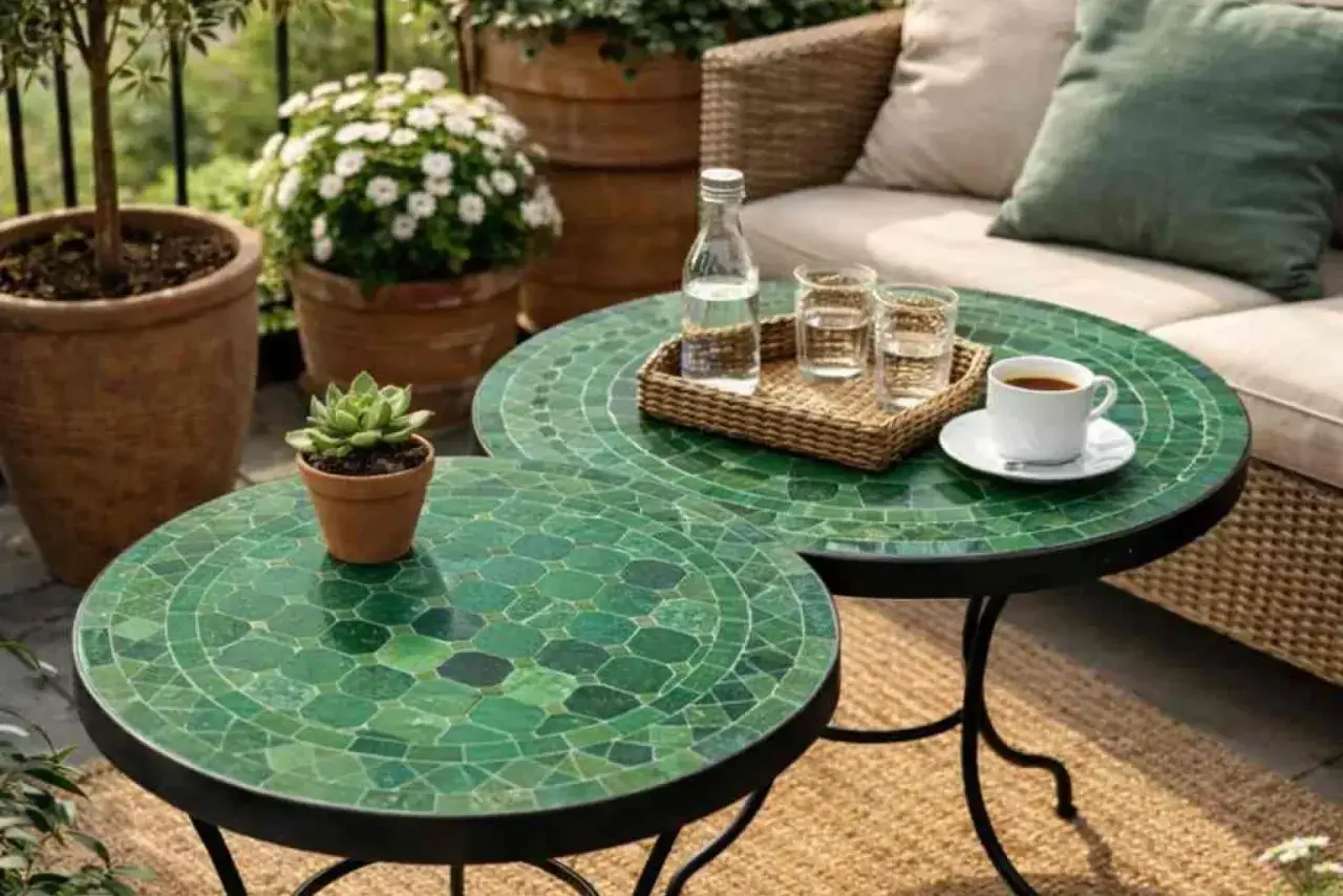 Två gröna mosaikbord i marockansk stil, med en kaffekopp och glas på. En liten suckulent står på det främre bordet.