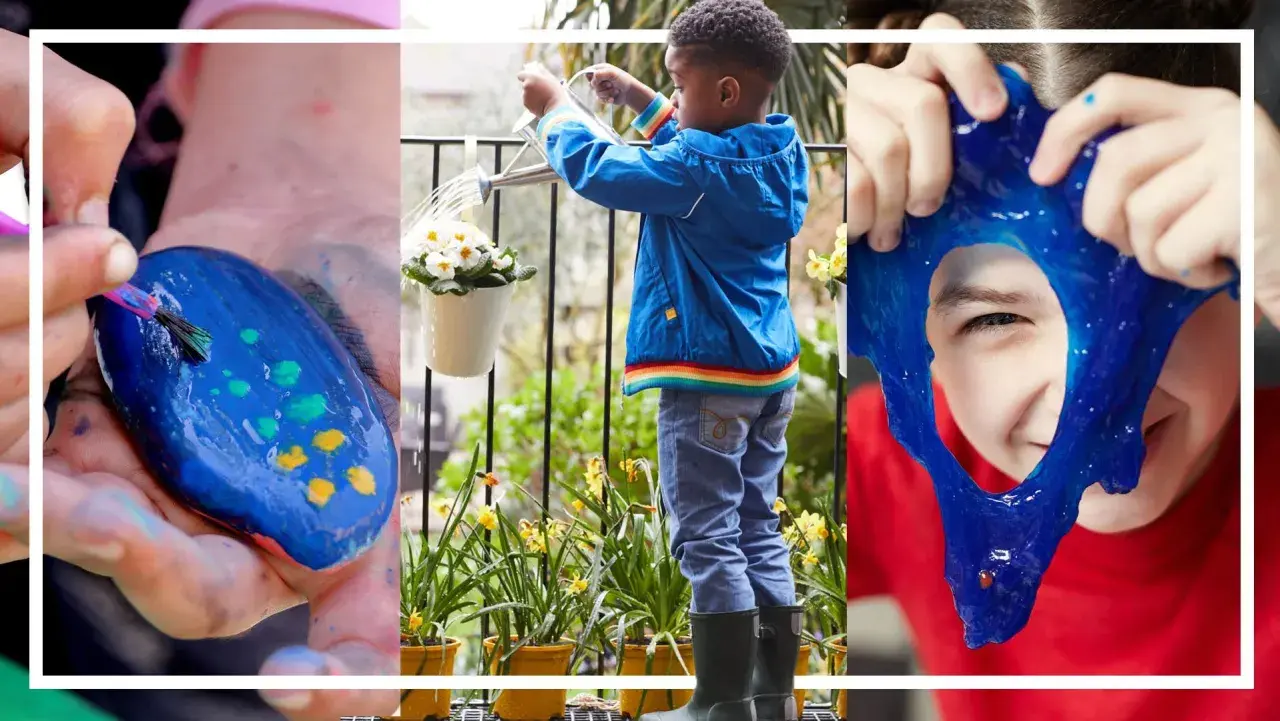 Barn målar stenar, vattnar blommor och leker med slime. Massor av roliga aktiviteter för barn!