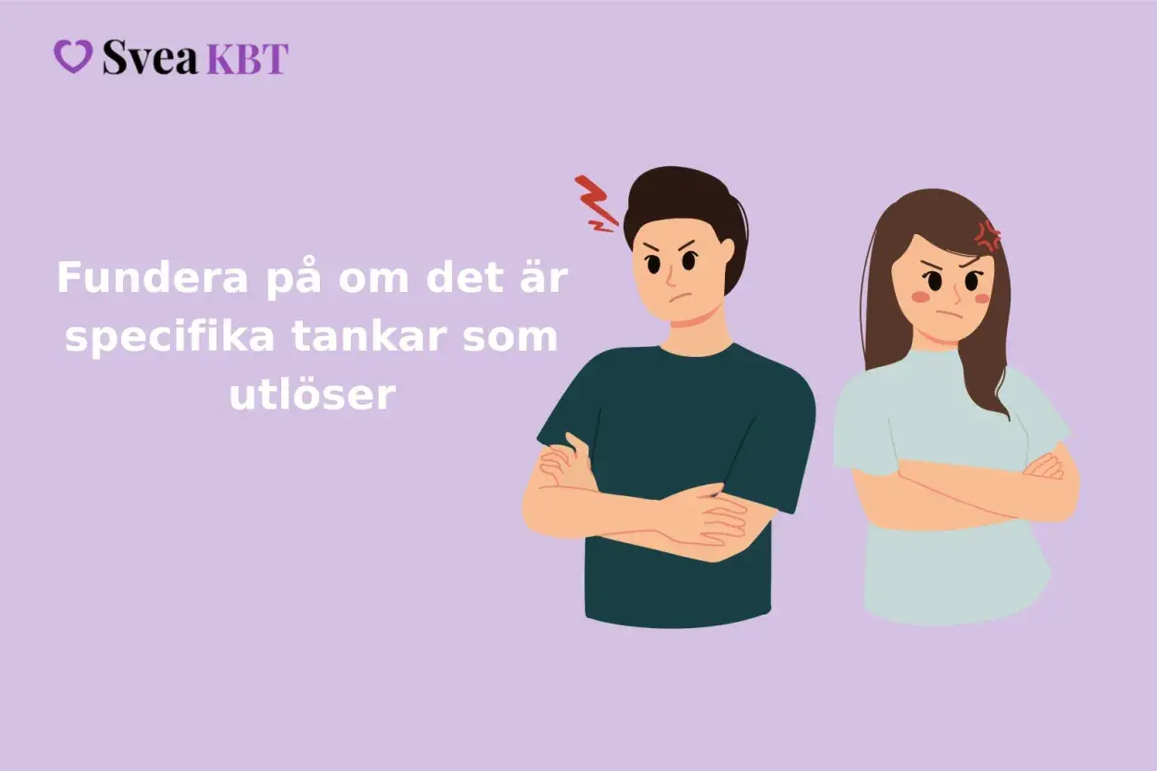 Två arga personer med armarna i kors. Texten uppmanar till att fundera på tankar som utlöser ilska i relationer.