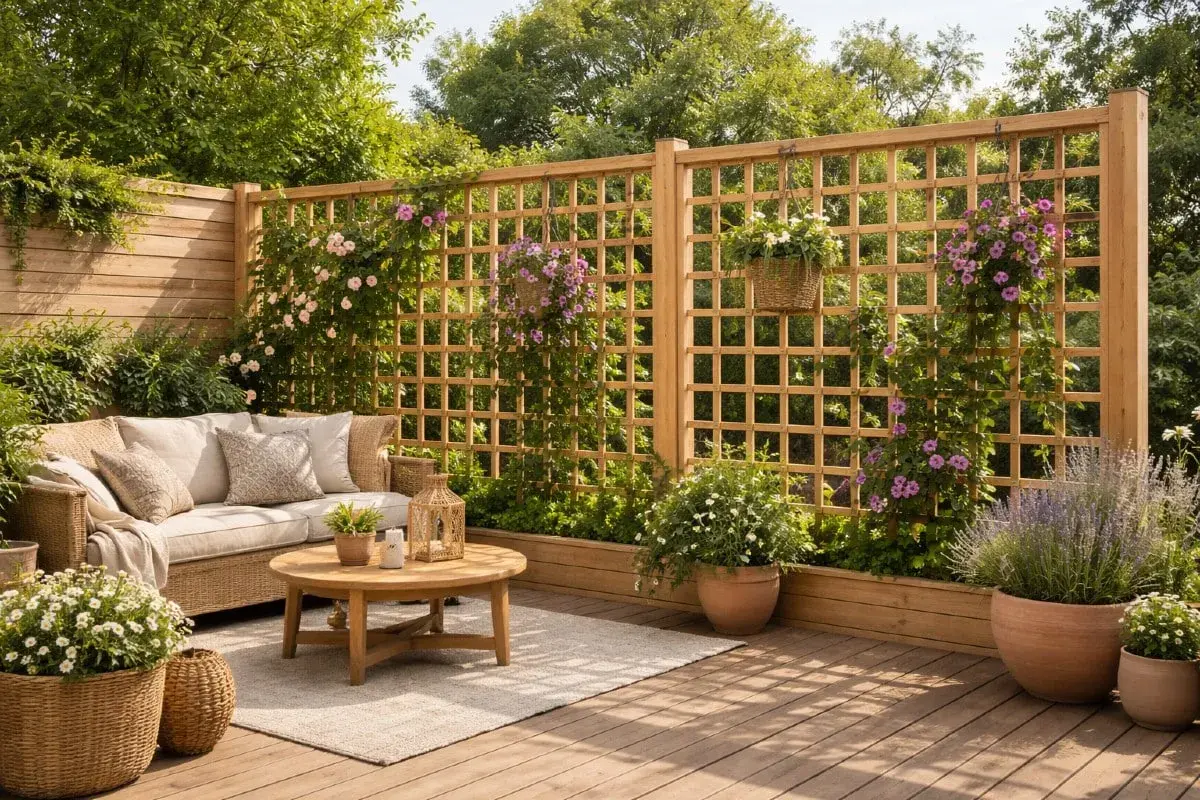 En inbjudande uteplats med bekväm soffa, runt träbord och blommor. Träaltanen ser nybehandlad ut, perfekt för att måla altangolv.