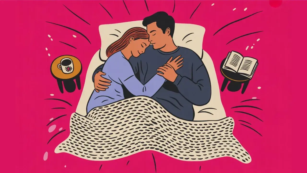 Ett par kramas i sängen. En bok och en kaffekopp står på sängbordet. Kärlek och intimitet, även under mens.