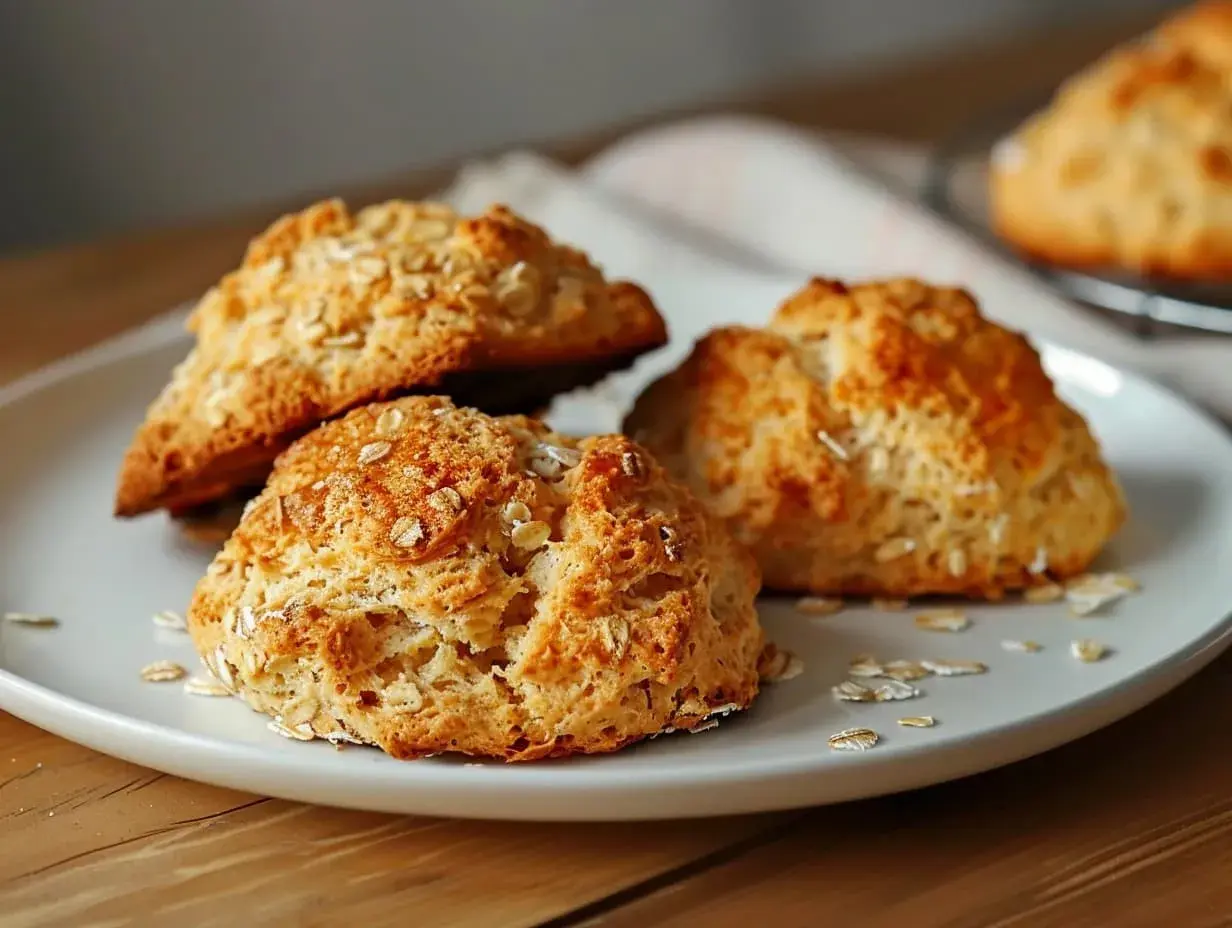 Gyllene, fluffiga scones med havregryn, redo att avnjutas. Ett perfekt scones recept för fikat.