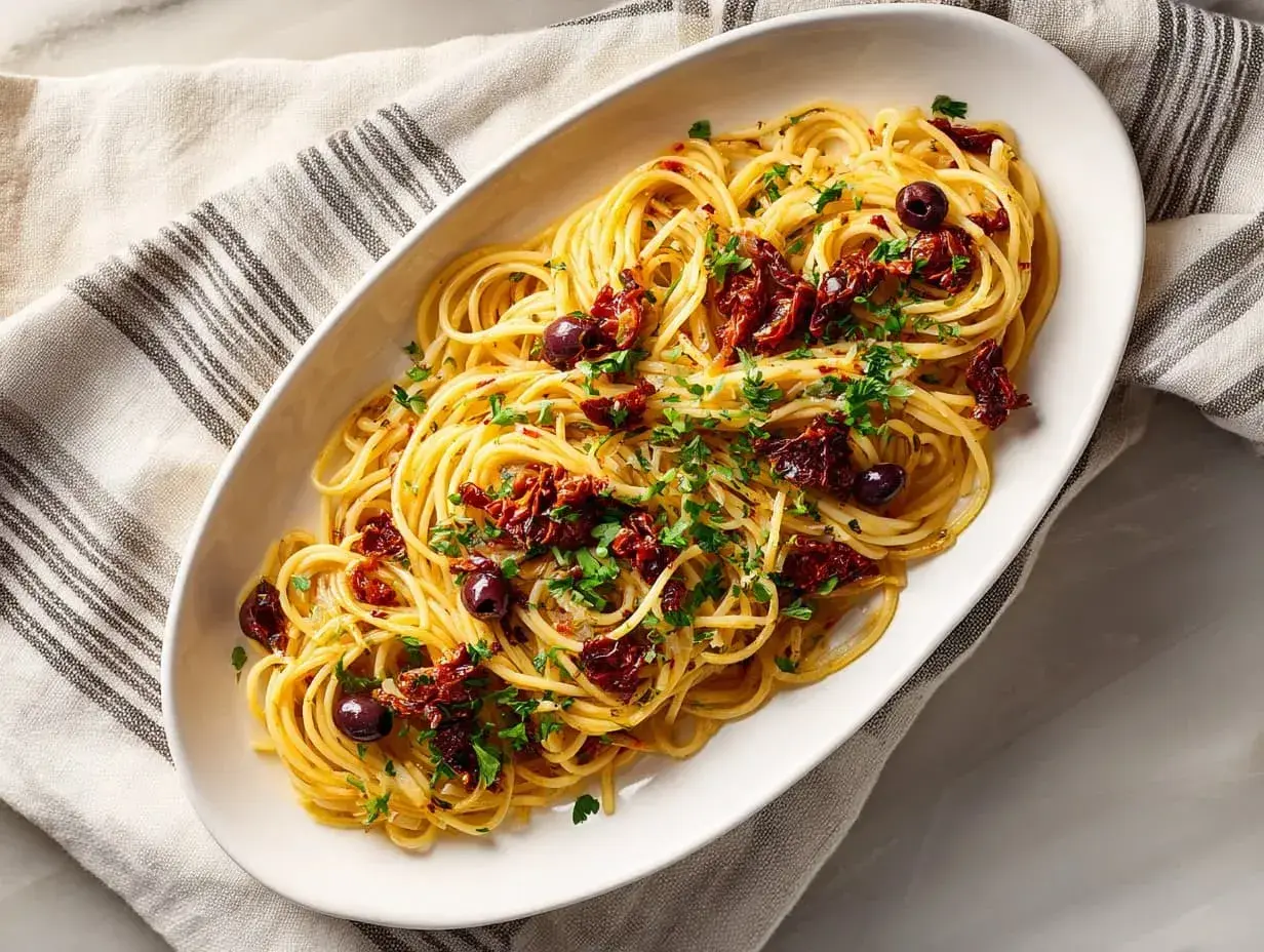 En skål med spaghetti toppad med soltorkade tomater, oliver och persilja. Ett enkelt och gott pasta recept.