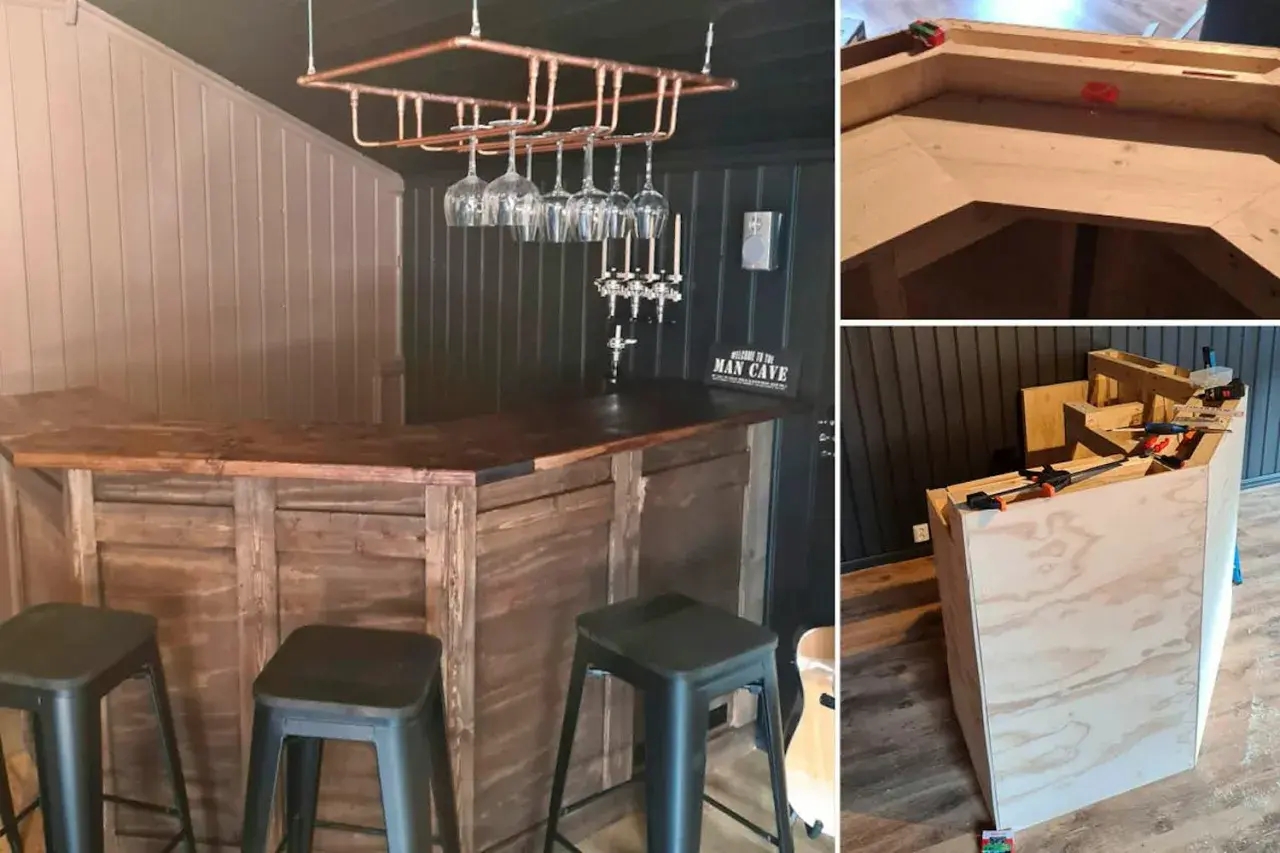 Här visas processen att bygga bar. En färdigbyggd bar med glas och kranar, samt bilder på hur man bygger en bar i trä.