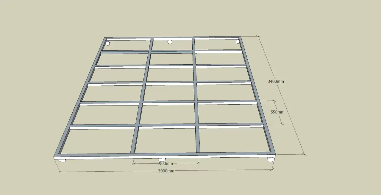 Ritning av stomme f&ouml;r att bygga eget poolskydd. M&aring;tt 3000x3400mm, h&ouml;jd 550mm.