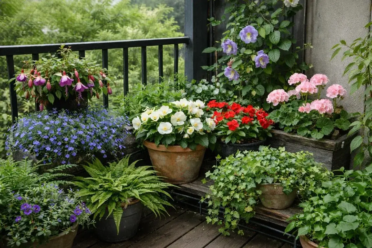 En lummig balkong med många blommor i krukor. Här finns fuchsia, blå lobelia, vita och röda begoniar, rosa pelargoner och ormbunkar. En härlig oas med blommor på balkong.