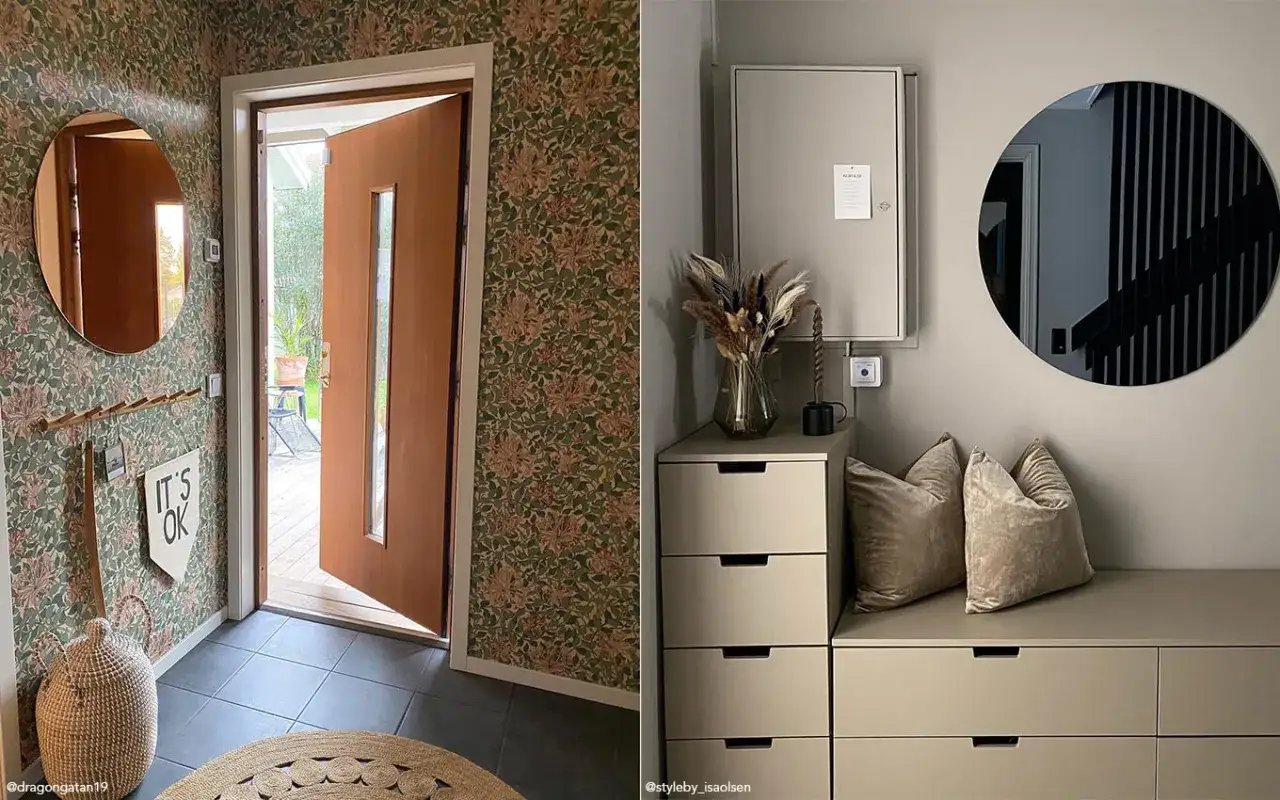 Hall inspiration med rund spegel och blommig tapet till v&auml;nster, och en modern hallm&ouml;bel med spegel till h&ouml;ger.