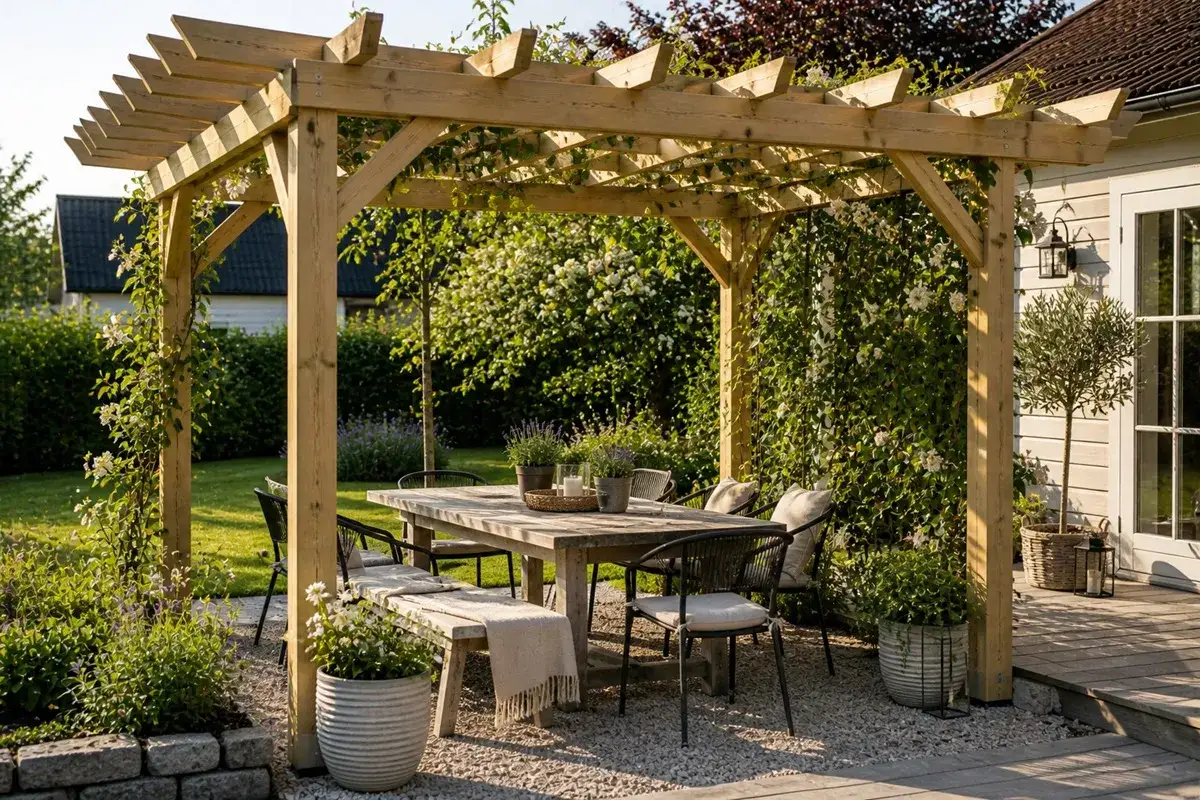 En vacker tr&auml;pergola med matgrupp och sittb&auml;nk, omgiven av gr&ouml;nska. Perfekt f&ouml;r sommarkv&auml;llar, och kanske beh&ouml;ver du pergola bygglov f&ouml;r din egen dr&ouml;m.