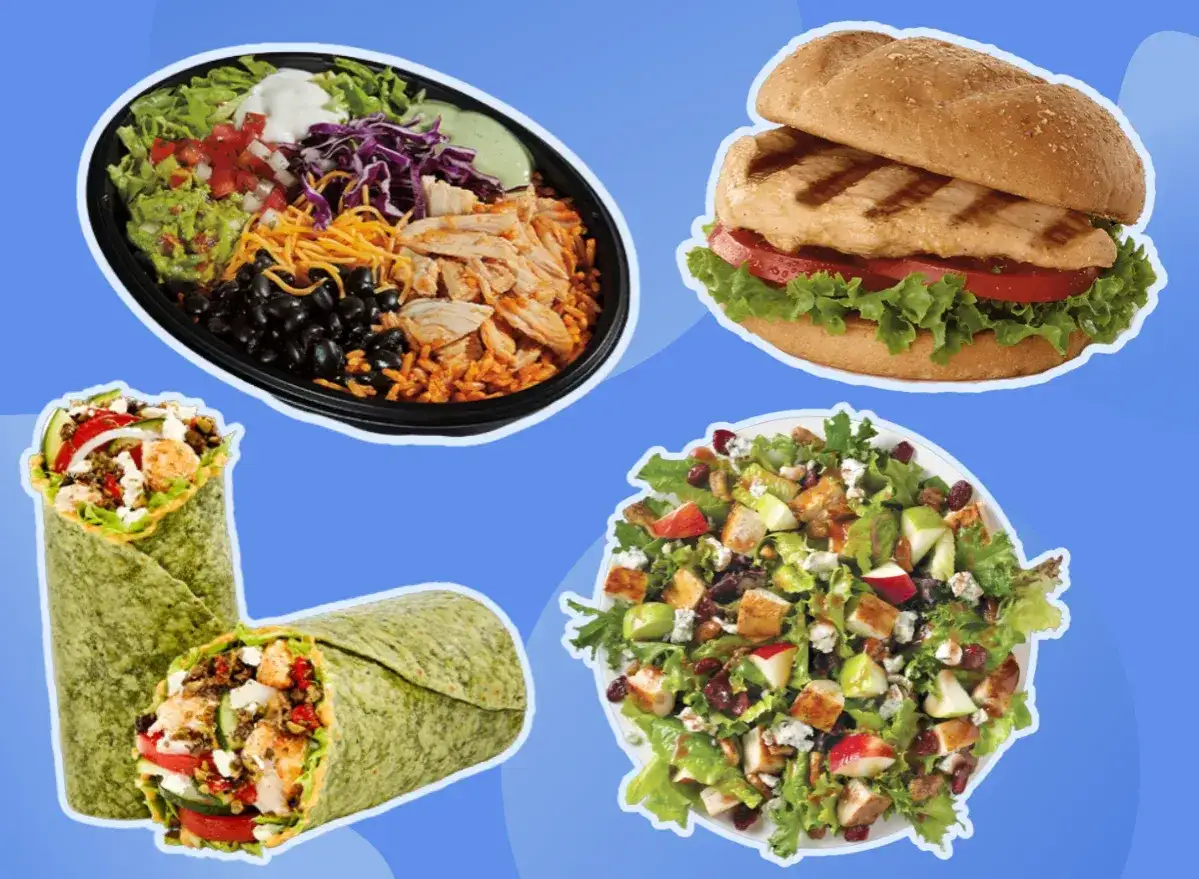 Nyttig snabbmat: kycklingwrap, salladsskål, kycklingmacka och en äppelsallad. Perfekt för en snabb och hälsosam lunch.