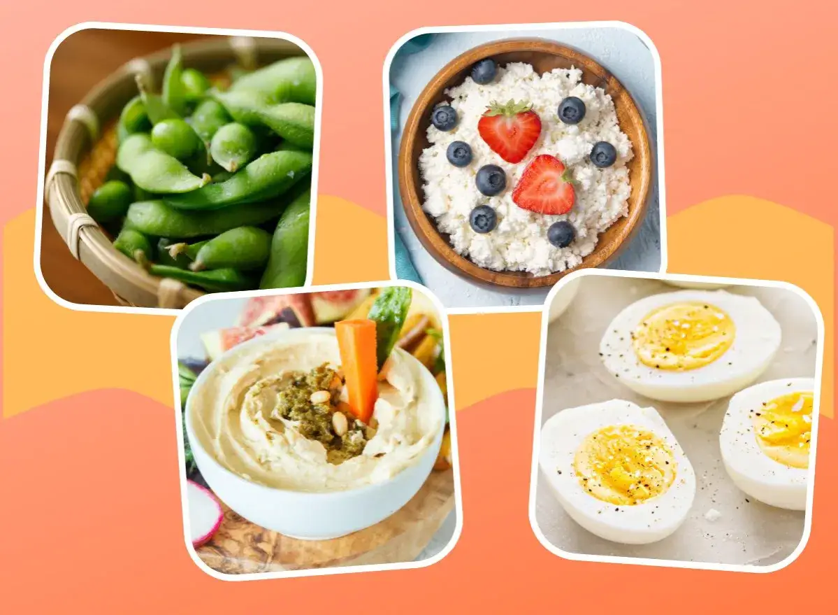 Edamame, keso med bär, hummus och kokta ägg – perfekt mat med lite kalorier för en hälsosam livsstil.