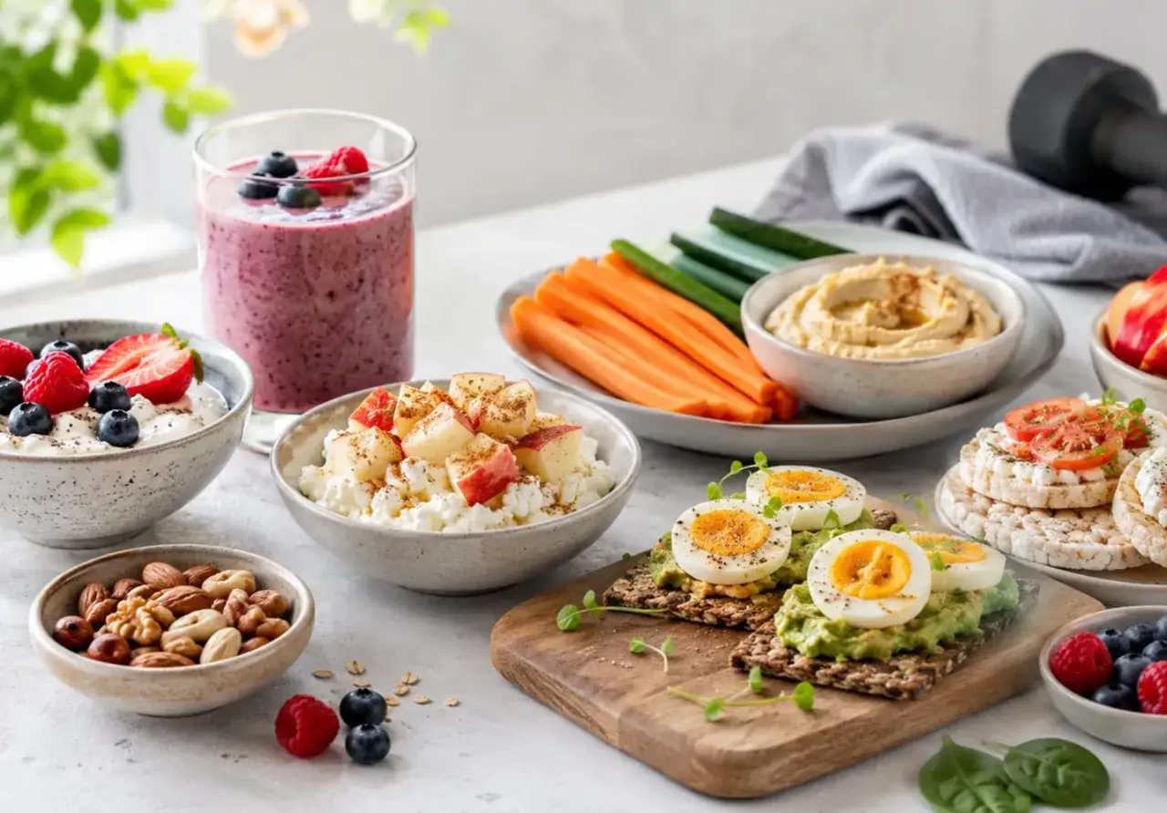 En hälsosam frukost med bärsmoothie, keso med frukt, äggmackor och grönsaker. Perfekt när du är sugen på salt och sött!