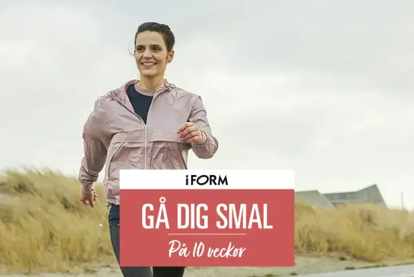 En kvinna promenerar sig i form längs en strand. Texten "Gå dig smal på 10 veckor" syns.