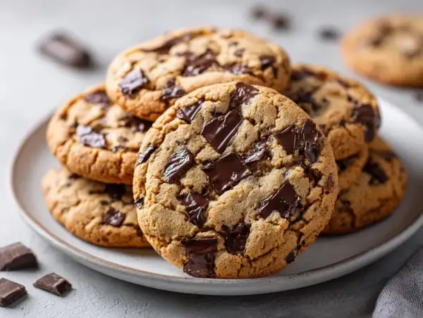 En hög med nybakade chocolate chip cookies, med smält choklad som sticker ut. Perfekt för en fika!