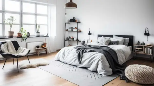 Sovrum inspiration med en stor säng med gråa plädar, en svart fåtölj med fårskinn och en hylla med böcker.