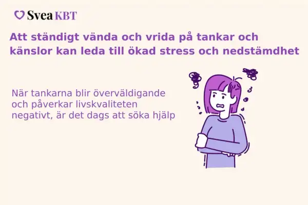 En person med korslagda armar och oroliga tankesnurror runt huvudet. Texten beskriver hur tankar kan leda till stress och nedstämdhet, liknande faser efter otrohet, och att söka hjälp.