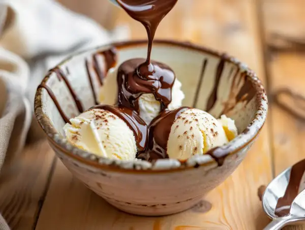 En skål med vaniljglass toppas med flytande chokladsås. Ett perfekt recept på chokladsås för att förhöja din dessert.