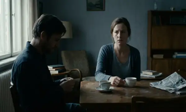 En kvinna med orolig blick sitter vid ett bord med en man. Kanske en manipulativ person försöker påverka henne.