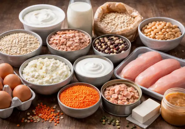 En mängd proteinrik mat: kycklingfiléer, ägg, linser, bönor, havregryn, kvarg, yoghurt, mjölk och tonfisk.