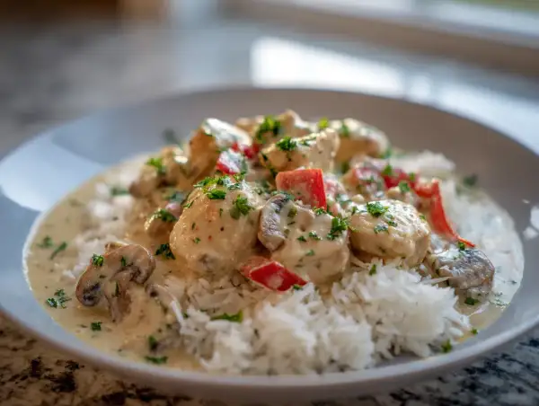 En krämig chicken a la king med ris, svamp och paprika, toppad med färsk persilja. En klassiker som alltid smakar bra.