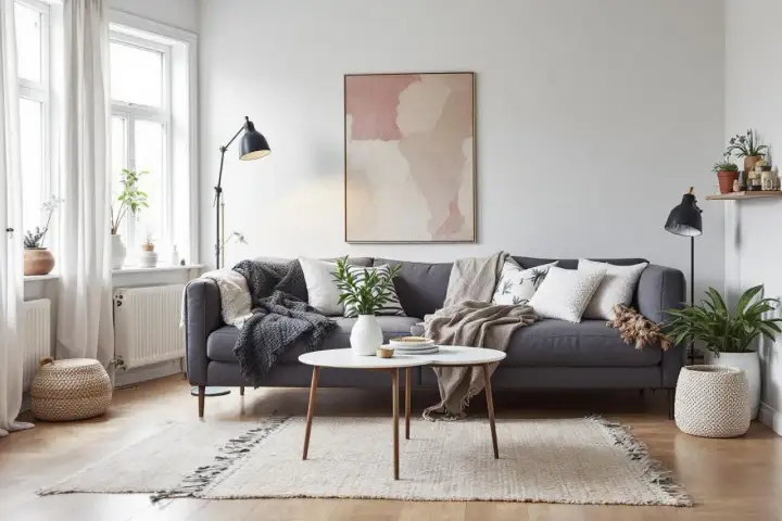 En grå soffa med många kuddar och plädar, ett runt soffbord och en matta skapar en mysig bohemisk inredning.